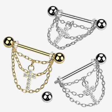 Detail View 1 of A Pair of Triple Chained Sparkle Cross Nipple Barbell-Clear Gem